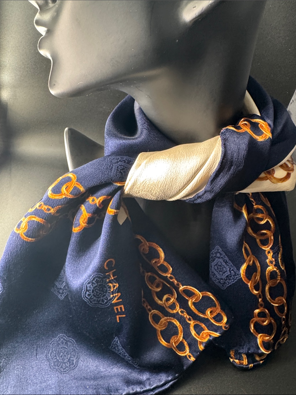 Chanel Navy, Gold & Cream Chain Motif Silk Scarf